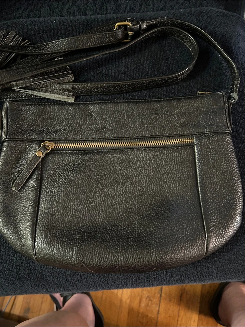 Lucky Brand Black Pebbled Leather Crossbody Bag with Tassels